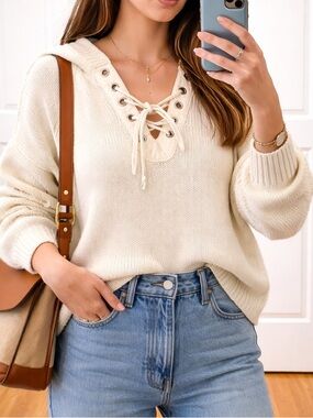 Ecoté Cream Lace-Up Hooded Sweater Size S Cotton Blend Urban Outfitters Summer